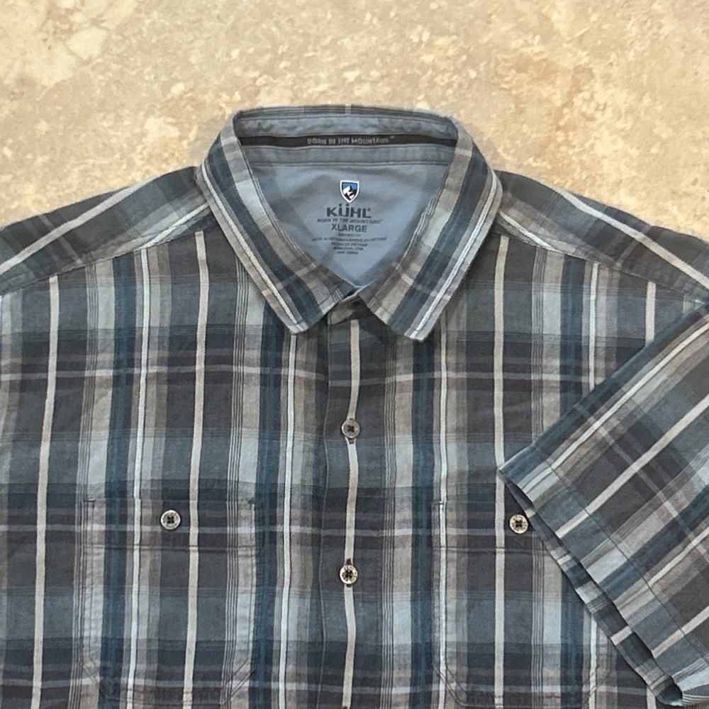 Kuhl Scorpio Shirt Mens XL Blue Plaid Linen Blend Tapered Short Sleeve Outdoor